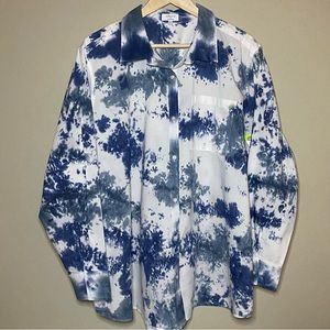 Cabana by Crown & Ivy Long Sleeve Button Front Blouse Women 2X Blue White New